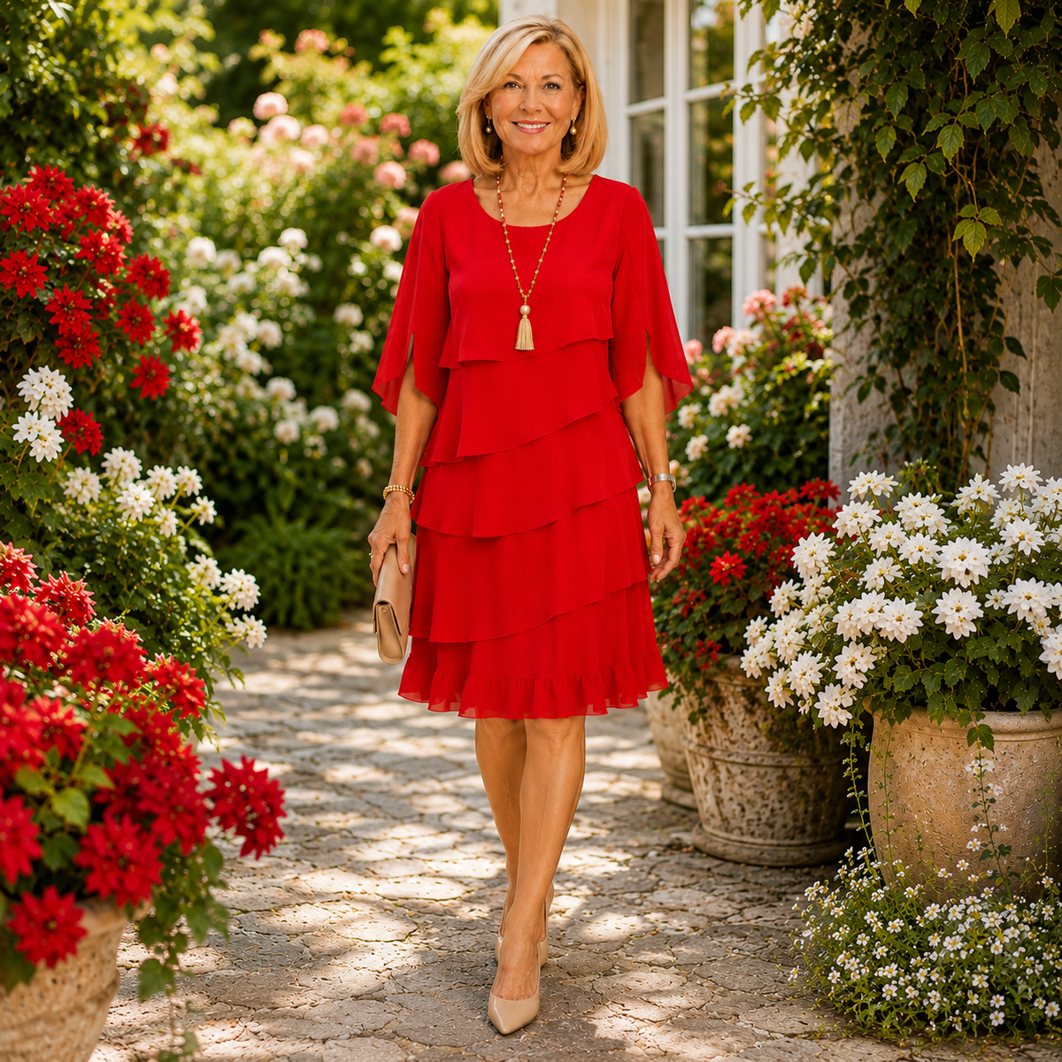Women's Odette | Tiered Ruffle Cape-Sleeve Midi Dress