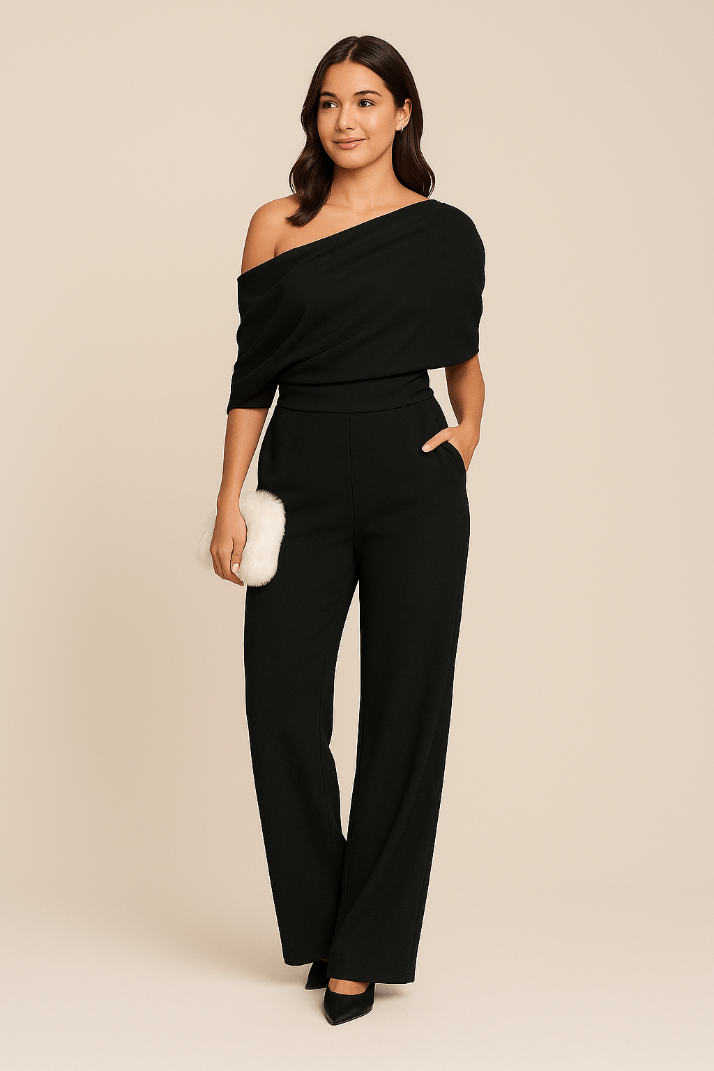 Women's One-Shoulder Draped Wide-Leg Tailored Jumpsuit