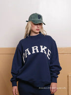 Women's Oversized Mock-Neck Sweatshirt with Arched Varsity Letter Appliqué