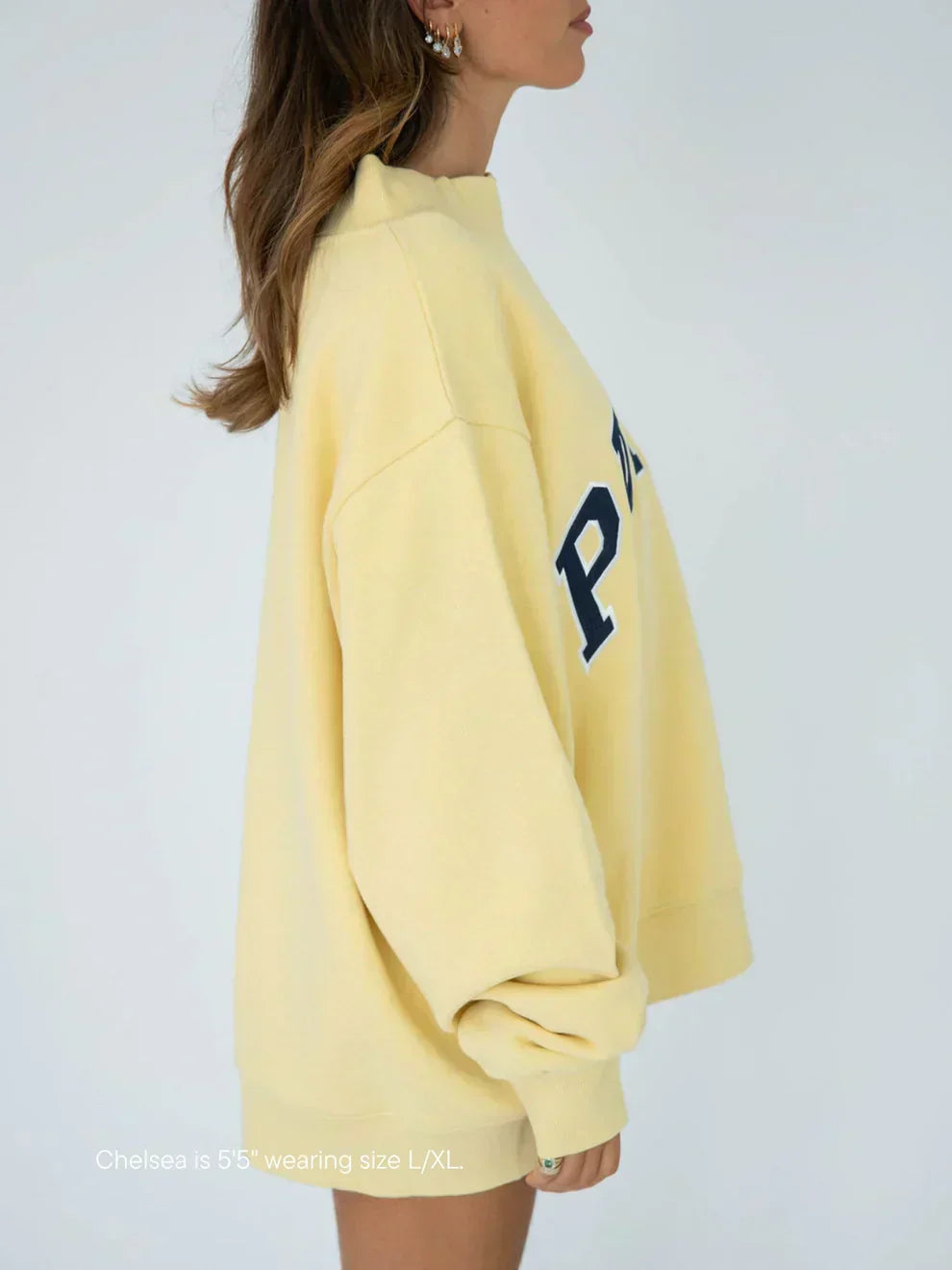 Women's Oversized Mockneck Sweatshirt with Collegiate Arched Letter Graphic