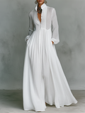 Women's Pintuck Button-Front Long-Sleeve Maxi Dress with Pockets