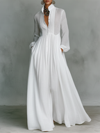 Women's Pintuck Button-Front Long-Sleeve Maxi Dress with Pockets