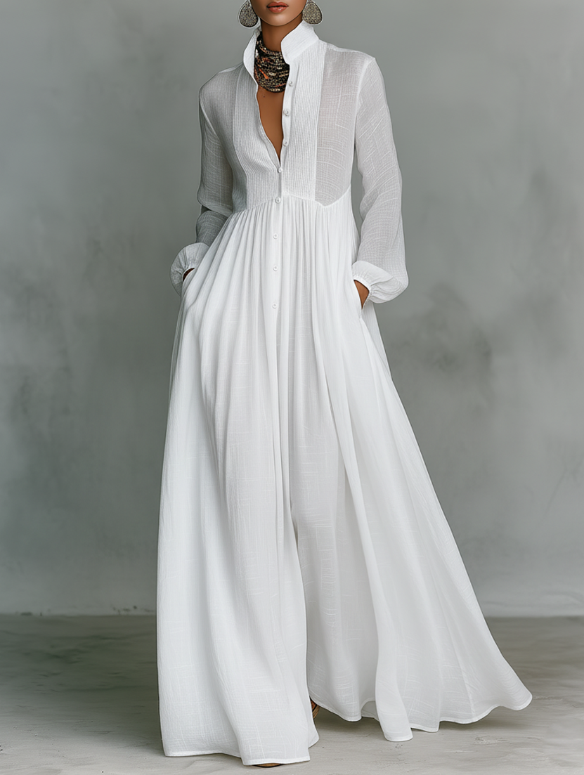 Women's Pintuck Button-Front Long-Sleeve Maxi Dress with Pockets