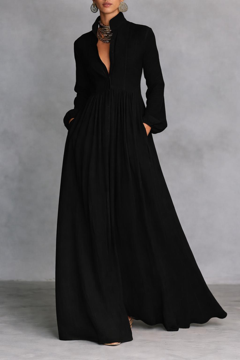 Women's Pintuck Button-Front Long-Sleeve Maxi Dress with Pockets
