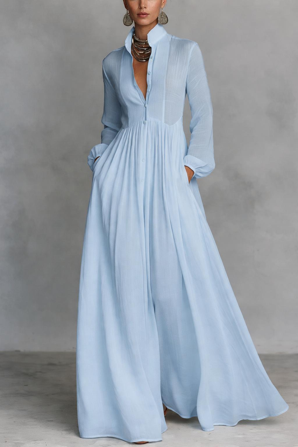 Women's Pintuck Button-Front Long-Sleeve Maxi Dress with Pockets