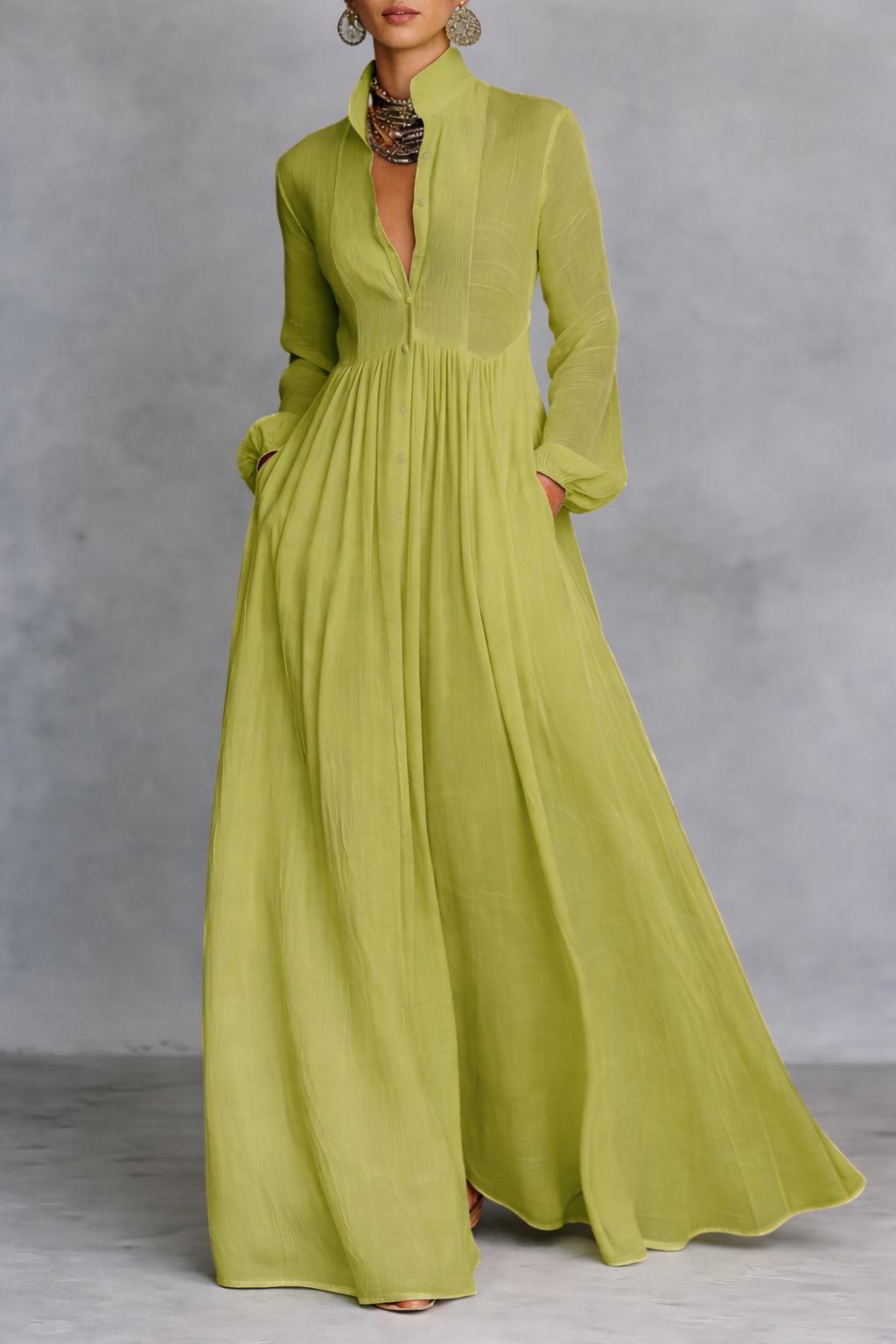 Women's Pintuck Button-Front Long-Sleeve Maxi Dress with Pockets