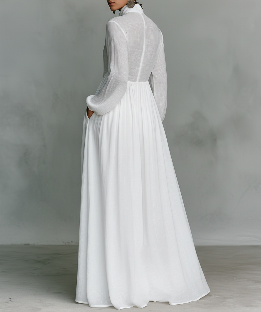 Women's Pintuck Button-Front Long-Sleeve Maxi Dress with Pockets