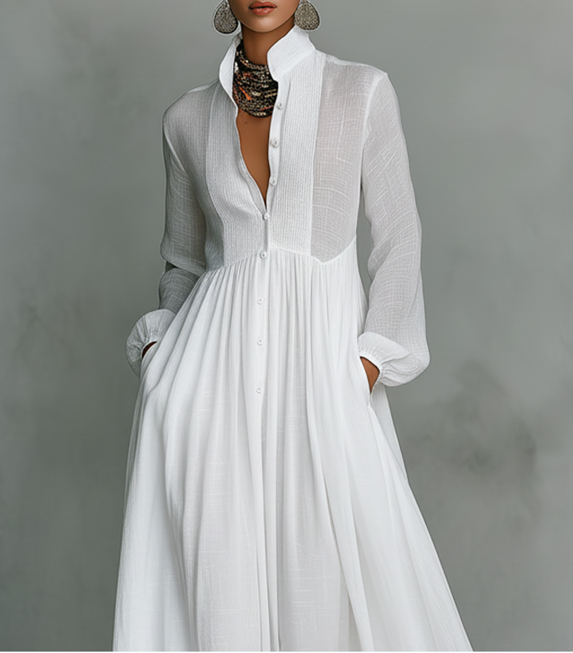 Women's Pintuck Button-Front Long-Sleeve Maxi Dress with Pockets