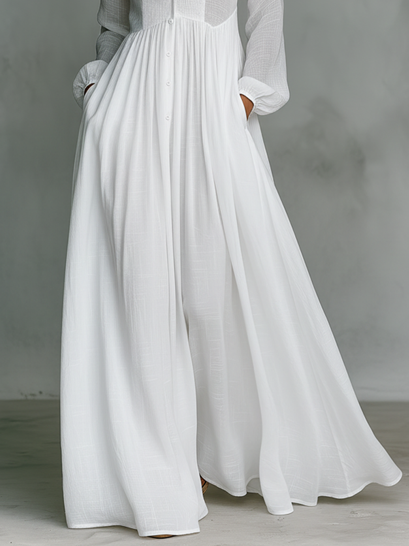 Women's Pintuck Button-Front Long-Sleeve Maxi Dress with Pockets