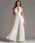 Women's Pleated Halter-Neck Wide-Leg Jumpsuit with Zip Front