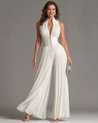 Women's Pleated Halter-Neck Wide-Leg Jumpsuit with Zip Front