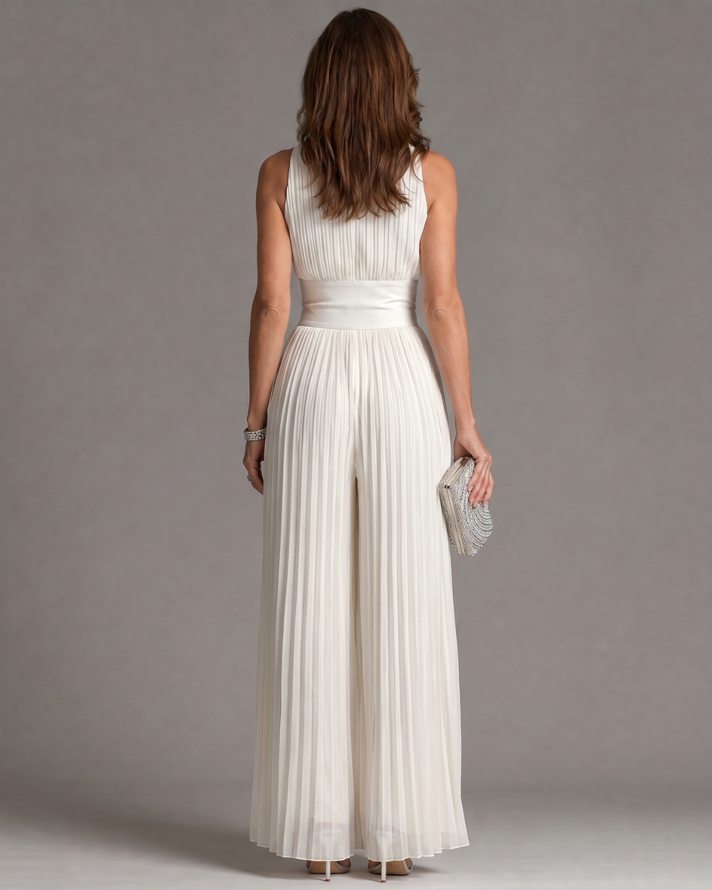 Women's Pleated Halter-Neck Wide-Leg Jumpsuit with Zip Front