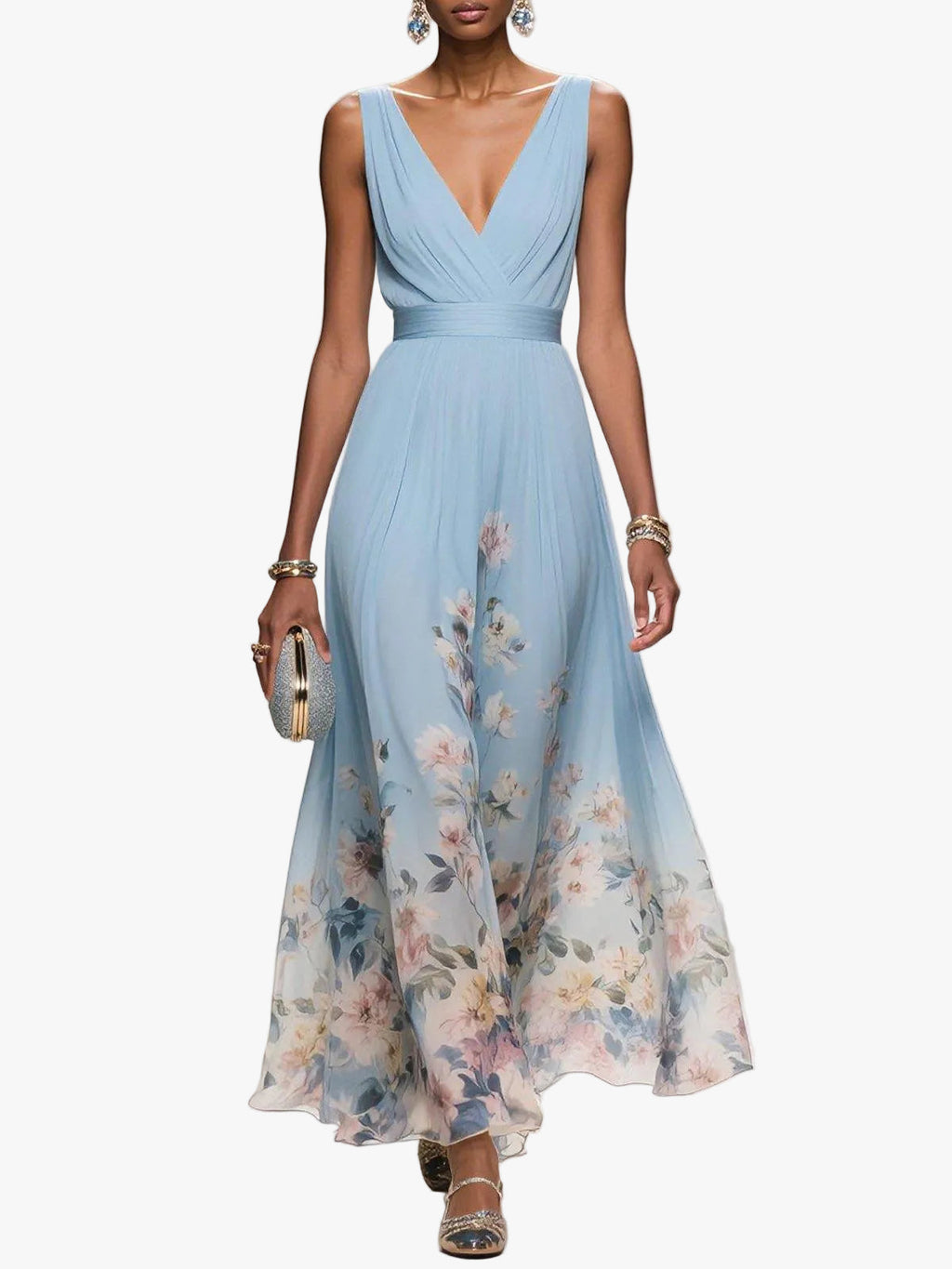 Women's Pleated V-Neck Floral Border Maxi Dress with Wide Straps