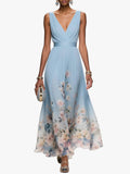 Women's Pleated V-Neck Floral Border Maxi Dress with Wide Straps