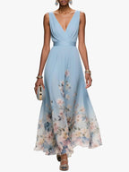 Women's Pleated V-Neck Floral Border Maxi Dress with Wide Straps