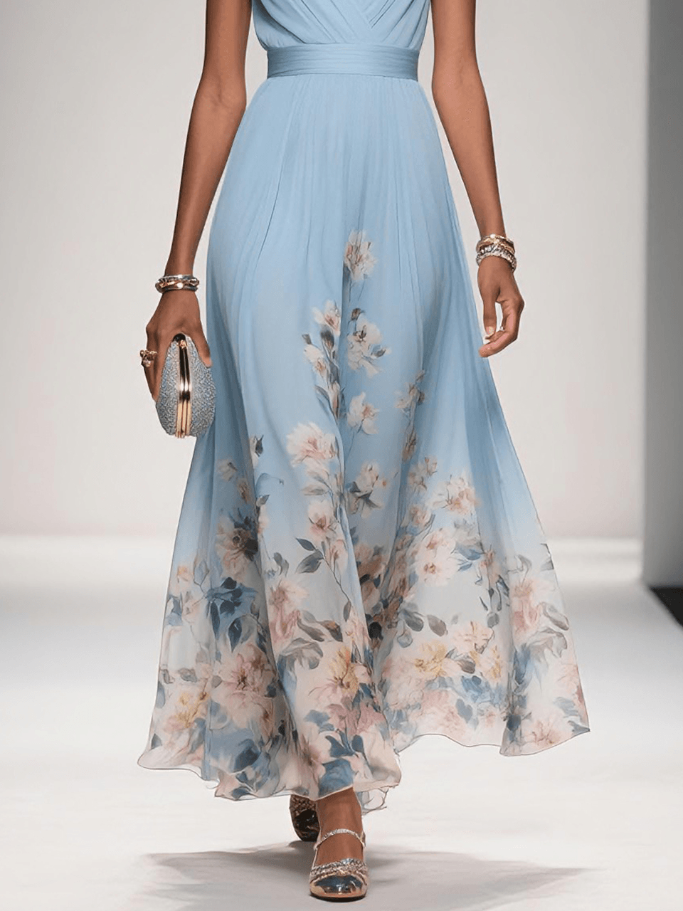 Women's Pleated V-Neck Floral Border Maxi Dress with Wide Straps