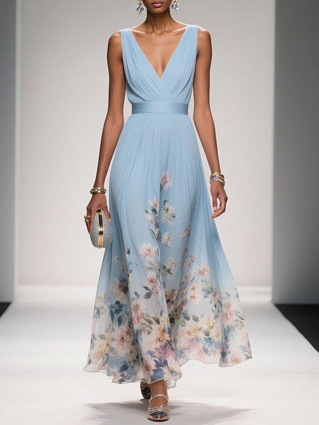 Women's Pleated V-Neck Floral Border Maxi Dress with Wide Straps