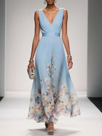 Women's Pleated V-Neck Floral Border Maxi Dress with Wide Straps
