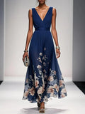 Women's Pleated V-Neck Floral Border Maxi Dress with Wide Straps