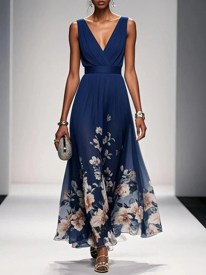 Women's Pleated V-Neck Floral Border Maxi Dress with Wide Straps