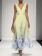 Women's Pleated V-Neck Floral Border Maxi Dress with Wide Straps
