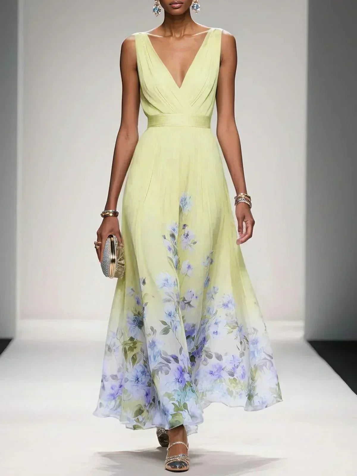 Women's Pleated V-Neck Floral Border Maxi Dress with Wide Straps