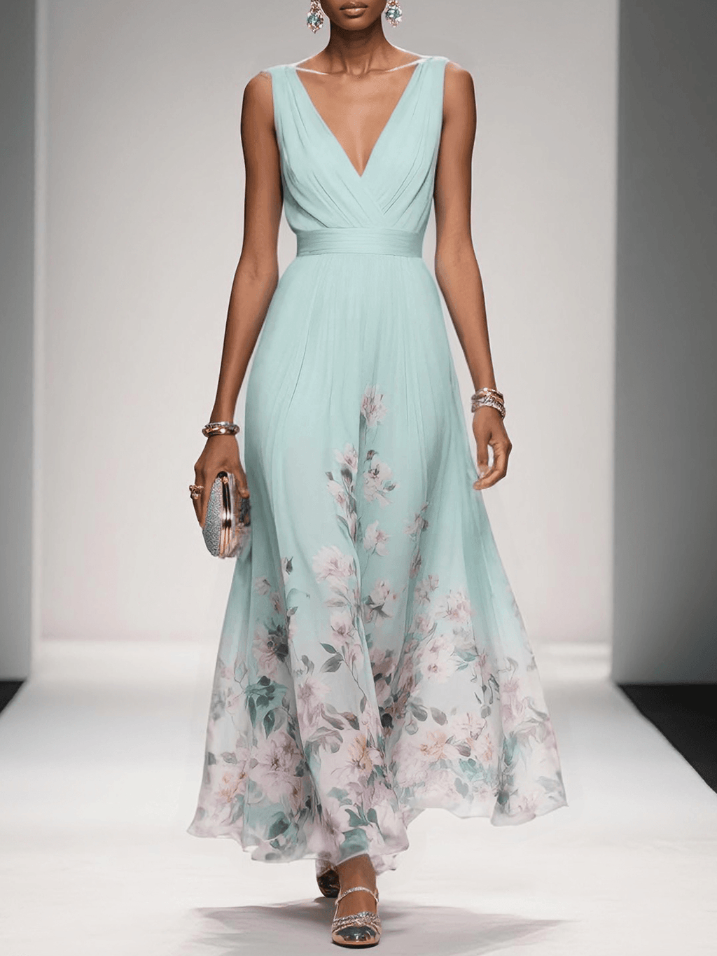 Women's Pleated V-Neck Floral Border Maxi Dress with Wide Straps