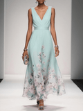 Women's Pleated V-Neck Floral Border Maxi Dress with Wide Straps
