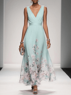 Women's Pleated V-Neck Floral Border Maxi Dress with Wide Straps