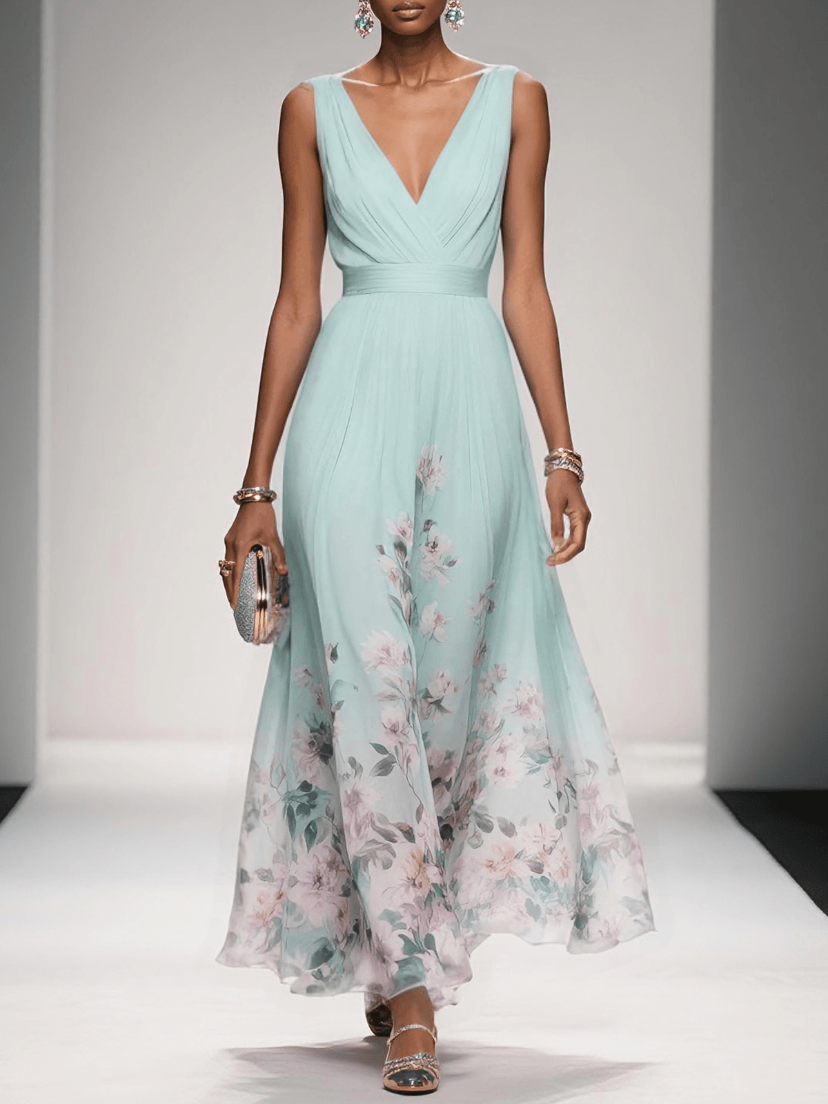 Women's Pleated V-Neck Floral Border Maxi Dress with Wide Straps