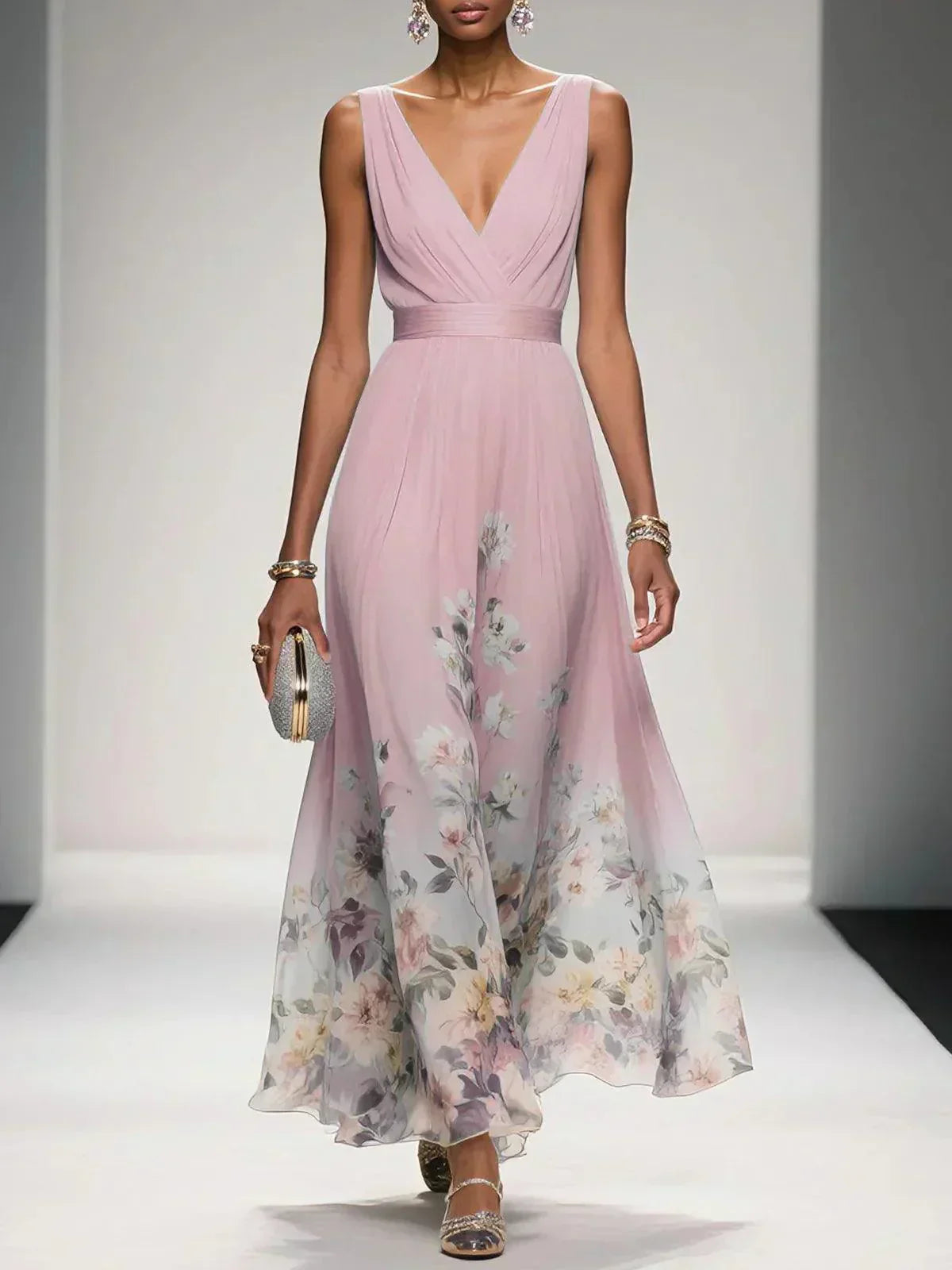 Women's Pleated V-Neck Floral Border Maxi Dress with Wide Straps