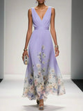 Women's Pleated V-Neck Floral Border Maxi Dress with Wide Straps