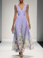 Women's Pleated V-Neck Floral Border Maxi Dress with Wide Straps