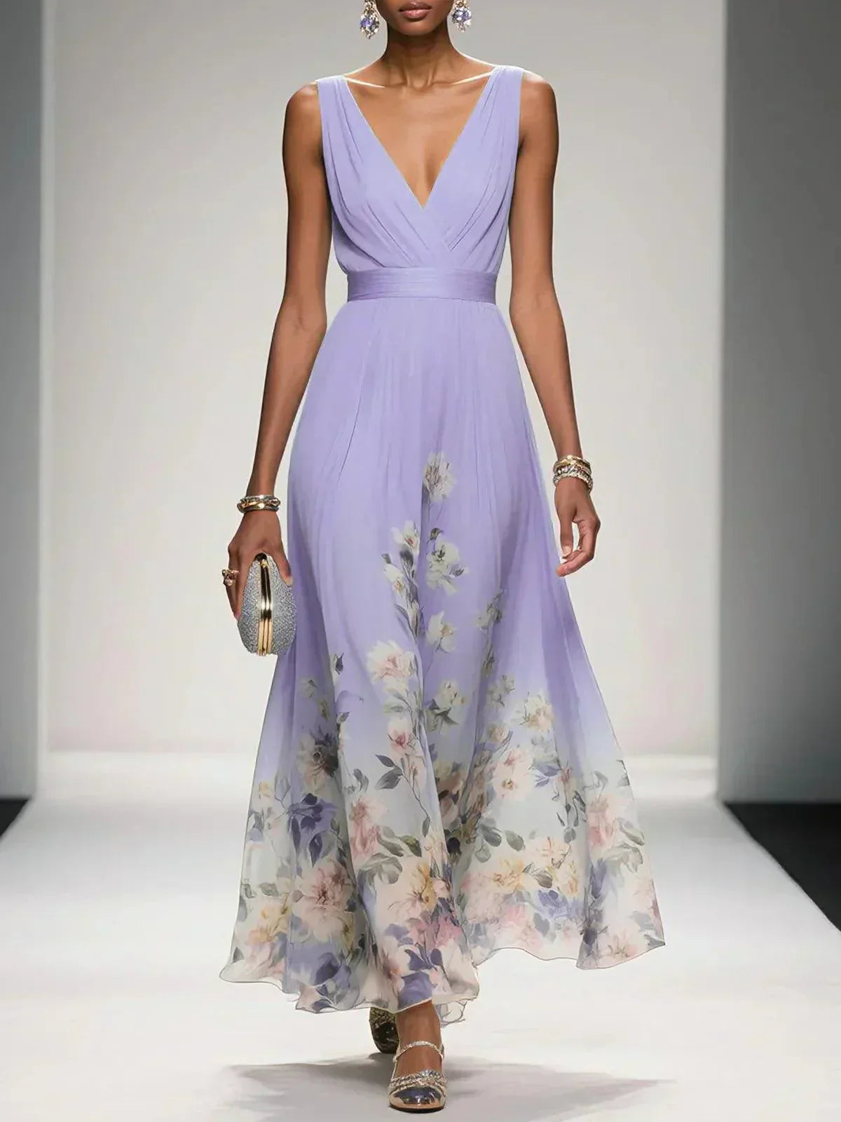 Women's Pleated V-Neck Floral Border Maxi Dress with Wide Straps