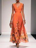 Women's Pleated V-Neck Floral Border Maxi Dress with Wide Straps