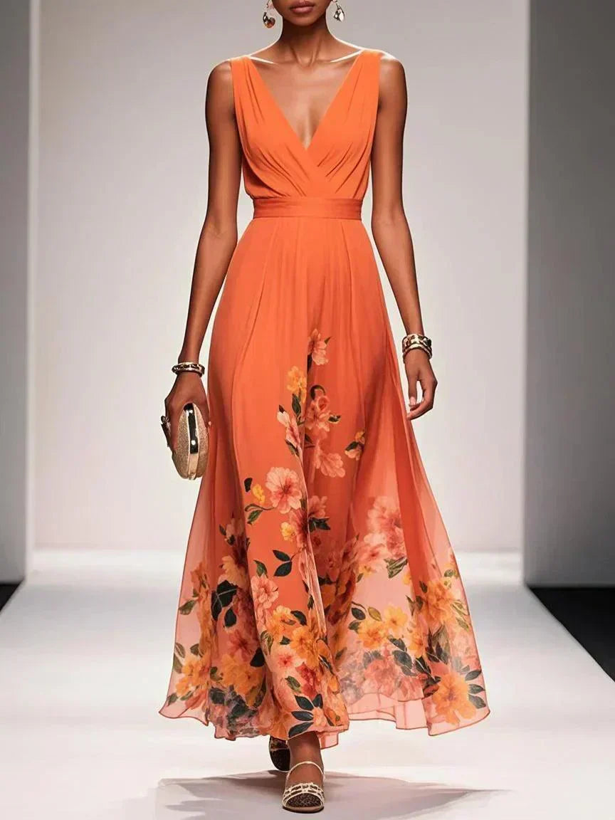 Women's Pleated V-Neck Floral Border Maxi Dress with Wide Straps