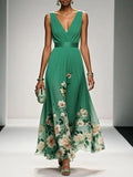 Women's Pleated V-Neck Floral Border Maxi Dress with Wide Straps