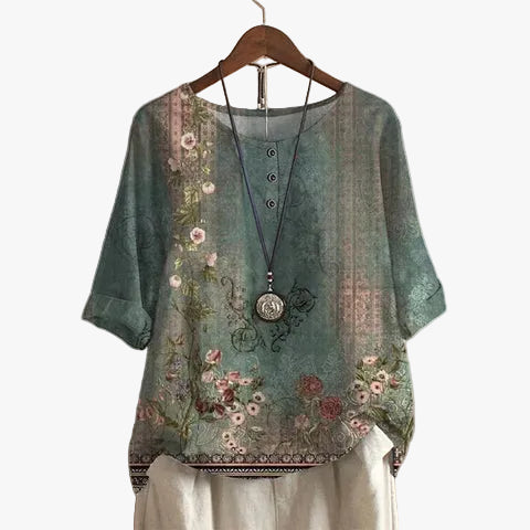 Women's Printed Henley-Button Woven Blouse with Cuffed Sleeves