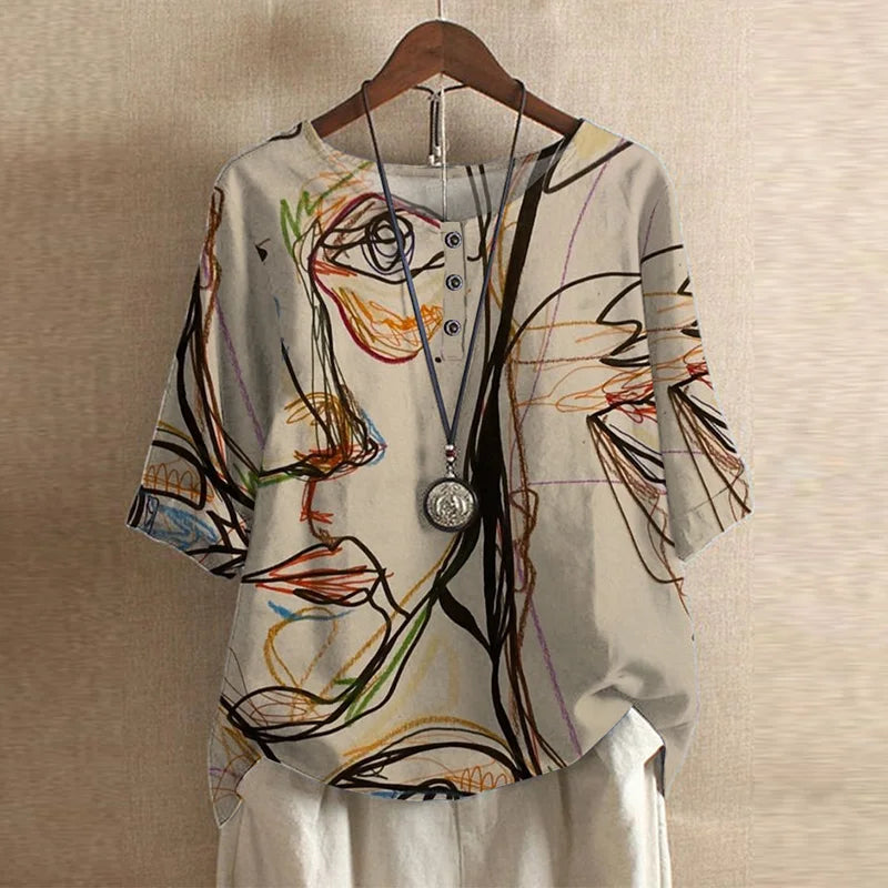 Women's Printed Henley-Button Woven Blouse with Cuffed Sleeves