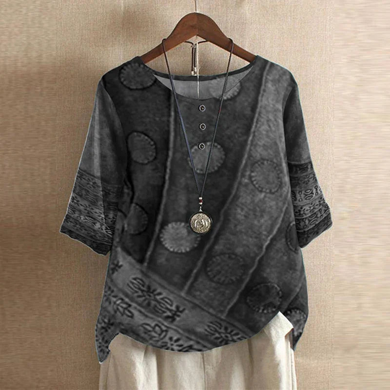 Women's Printed Henley-Button Woven Blouse with Cuffed Sleeves