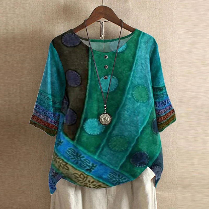 Women's Printed Henley-Button Woven Blouse with Cuffed Sleeves