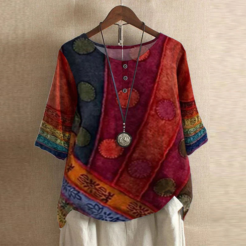 Women's Printed Henley-Button Woven Blouse with Cuffed Sleeves