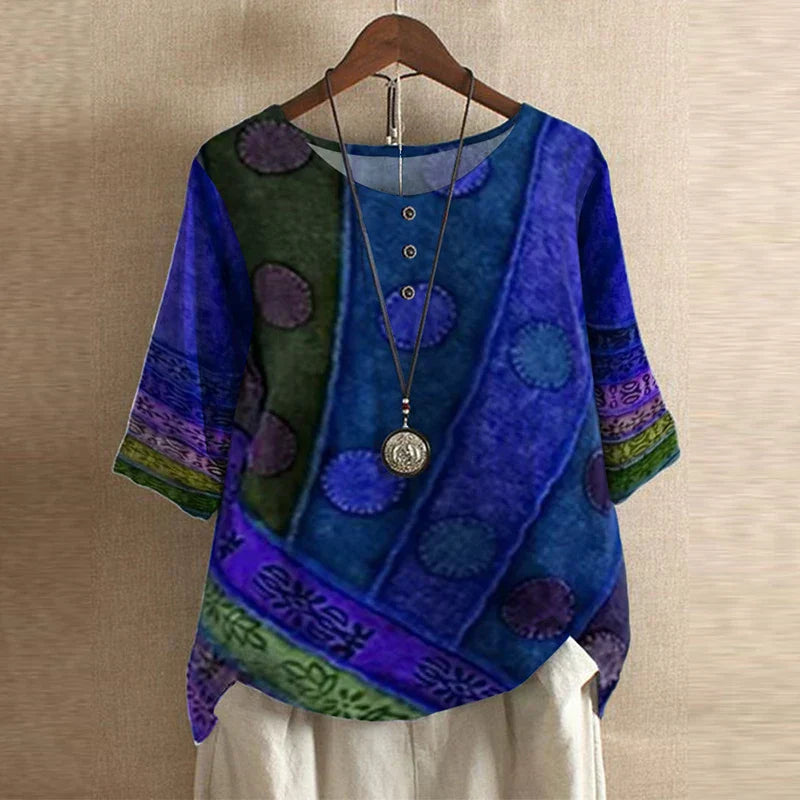Women's Printed Henley-Button Woven Blouse with Cuffed Sleeves