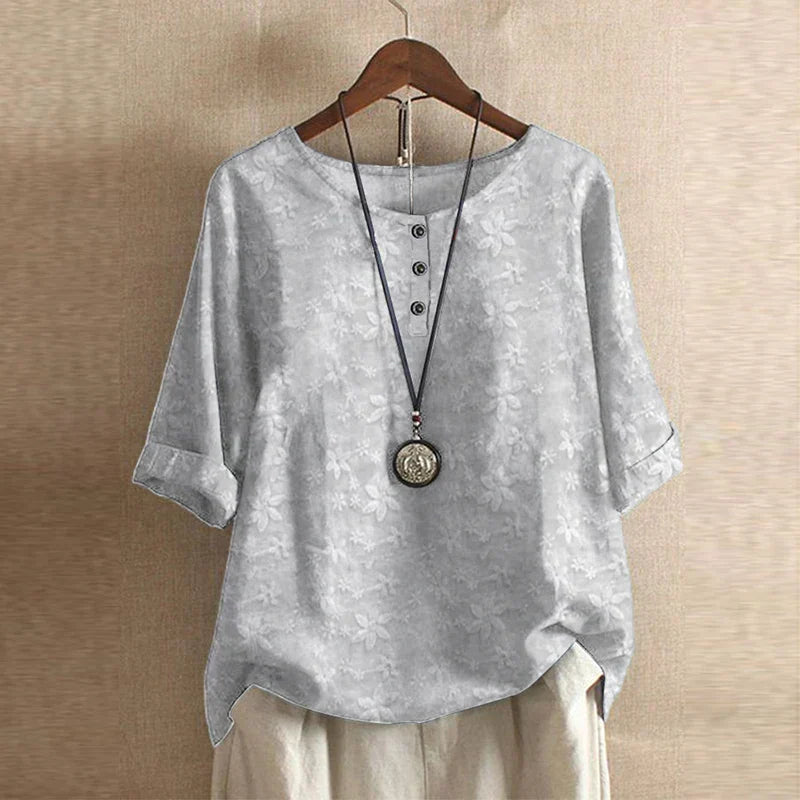 Women's Printed Henley-Button Woven Blouse with Cuffed Sleeves