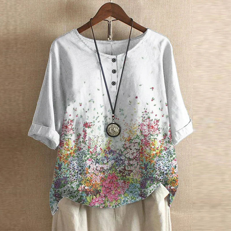 Women's Printed Henley-Button Woven Blouse with Cuffed Sleeves
