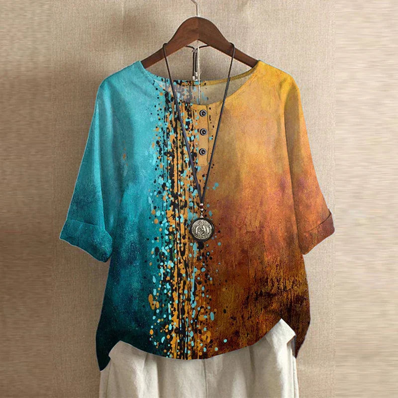 Women's Printed Henley-Button Woven Blouse with Cuffed Sleeves
