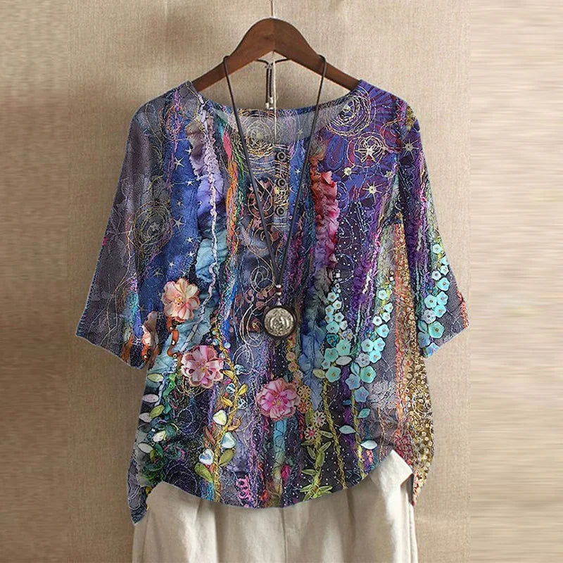 Women's Printed Henley-Button Woven Blouse with Cuffed Sleeves