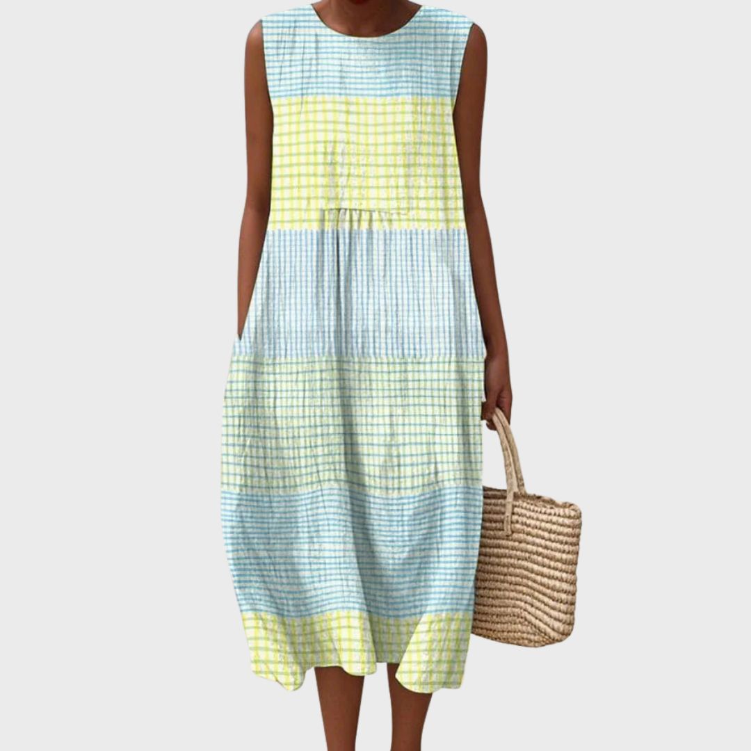 Women's Printed Sleeveless Round-Neck Midi Dress with Tiered Skirt