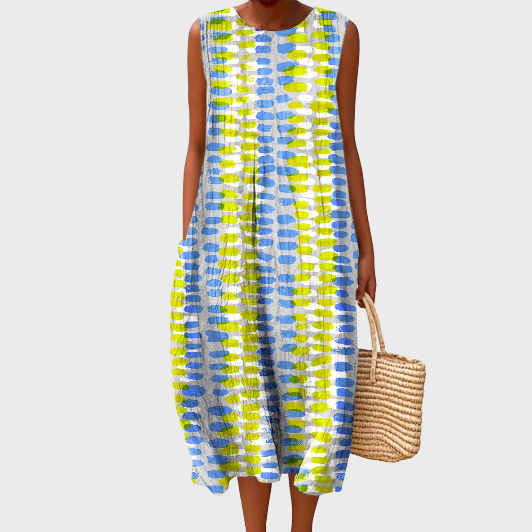 Women's Printed Sleeveless Round-Neck Midi Dress with Tiered Skirt