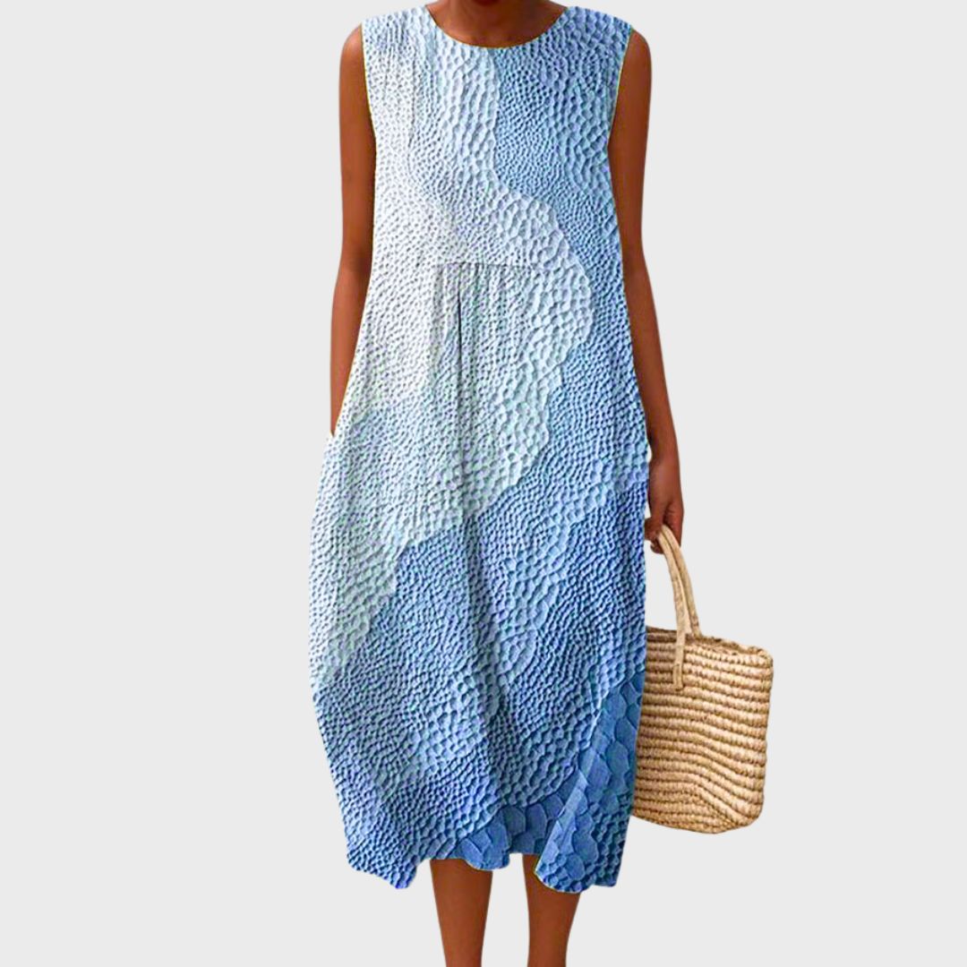 Women's Printed Sleeveless Round-Neck Midi Dress with Tiered Skirt